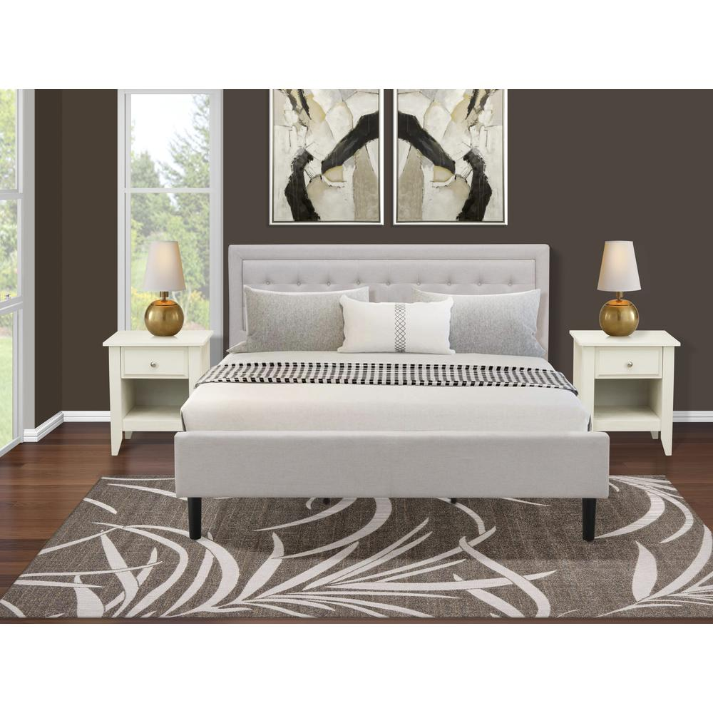 FN08K-2GA0C 3-Piece Platform King Size Bed Set with 1 King Size Bed Frame and 2 Mid Century Nightstands - Mist Beige Linen Fabric