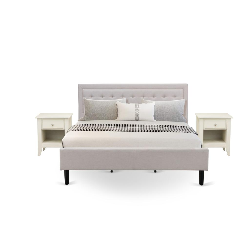 FN08K-2GA0C 3-Piece Platform King Size Bed Set with 1 King Size Bed Frame and 2 Mid Century Nightstands - Mist Beige Linen Fabric