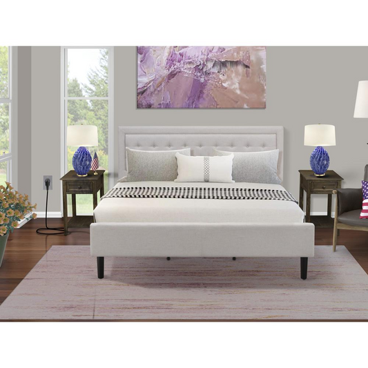 FN08K-2DE07 3-Pc Fannin King Size Bedroom Set with 1 King Size Bed Frame and 2 Mid Century Nightstands - Mist Beige Linen Fabric