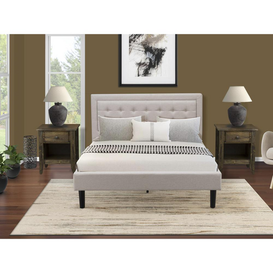 3-Piece Platform Full Bed and 2 Bedroom Nightstands - Mist Beige Linen Fabric