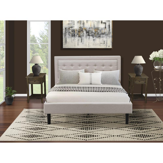 FN08Q-2DE07 3-Piece Platform Queen Bed Set Furniture with 1 Platform Bed and 2 End Tables - Mist Beige Linen Fabric