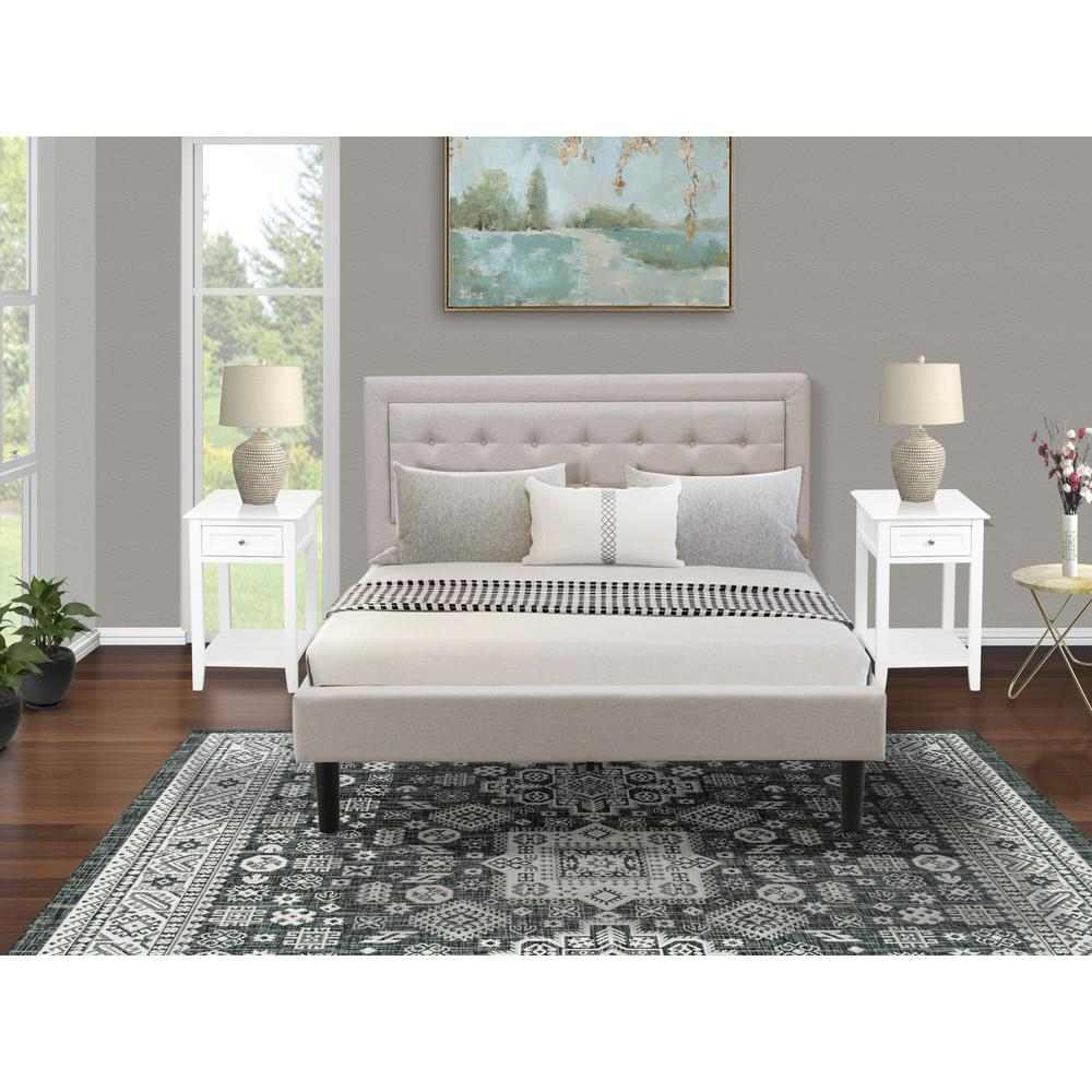 FN08Q-2DE05 3-Pc Platform Queen Bedroom Set with 1 Upholstered Bed and 2 Nightstands - Mist Beige Linen Fabric