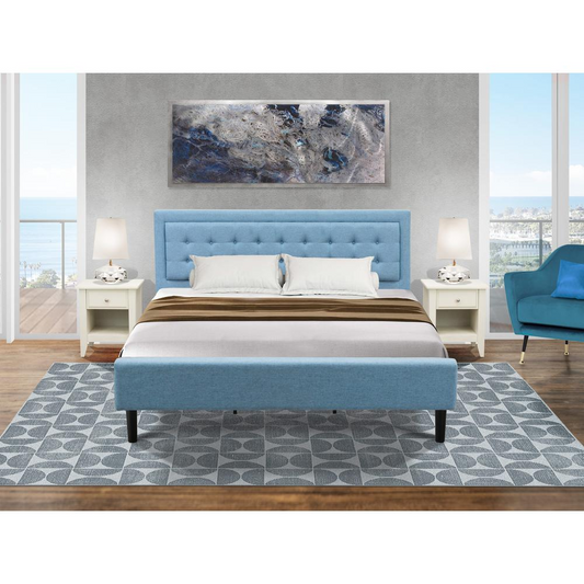 FN11K-2GA0C 3-Piece Platform King Bedroom Set with 1 Wood Bed Frame and 2 Modern Nightstands - Denim Blue Linen Fabric