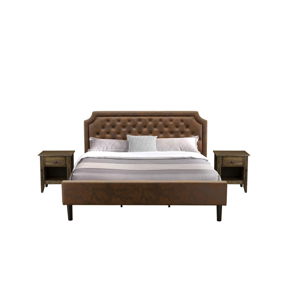 3-Pc set with King Bed and 2 Distressed Jacobean End Tables - Dark Brown Faux Leather