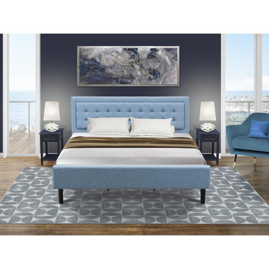 FN11K-2DE15 3-Piece Fannin King Bedroom Set with 1 King Frame and 2 Modern Nightstands - Denim Blue Linen Fabric