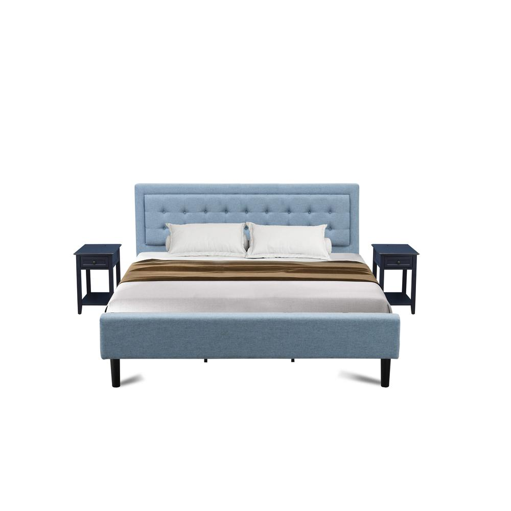 FN11K-2DE15 3-Piece Fannin King Bedroom Set with 1 King Frame and 2 Modern Nightstands - Denim Blue Linen Fabric