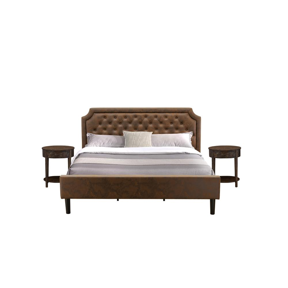 3-Piece Set with King Bed and 2 Distressed Jacobean Small End Tables - Dark Brown Faux Leathe