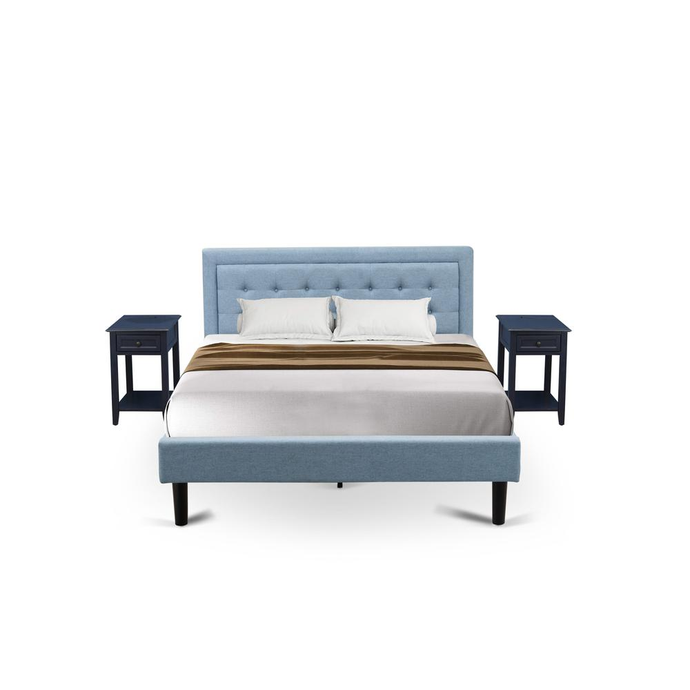 FN11Q-2DE15 3-Piece Platform Bed Set with 1 Queen Bed Frame and 2 Night Stands - Denim Blue Linen Fabric