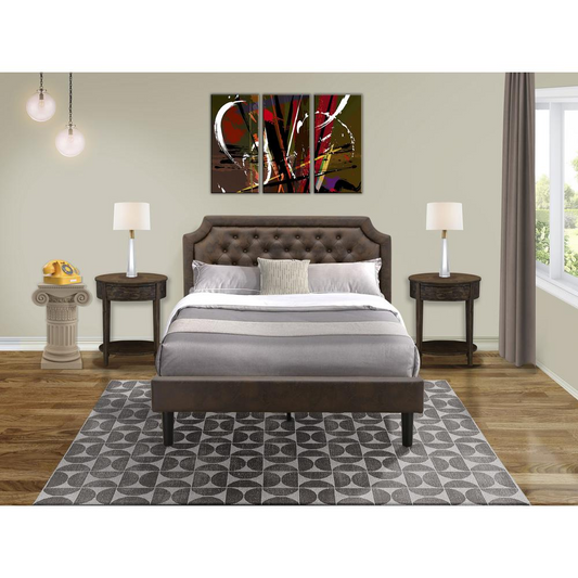 GB25Q-2HI07 3-Pc Granbury Bed Set with Queen Frame and 2 Distressed Jacobean End Tables - Dark Brown Faux Leather and Black Legs