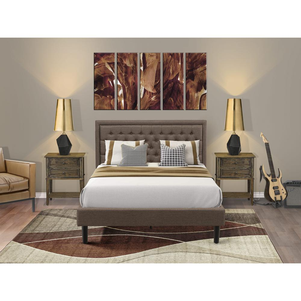 KD18Q-2VL07 3 Piece Queen Size Bed Set - Bed Frame Brown Headboard with 2 Small Nightstand - Black Finish Legs