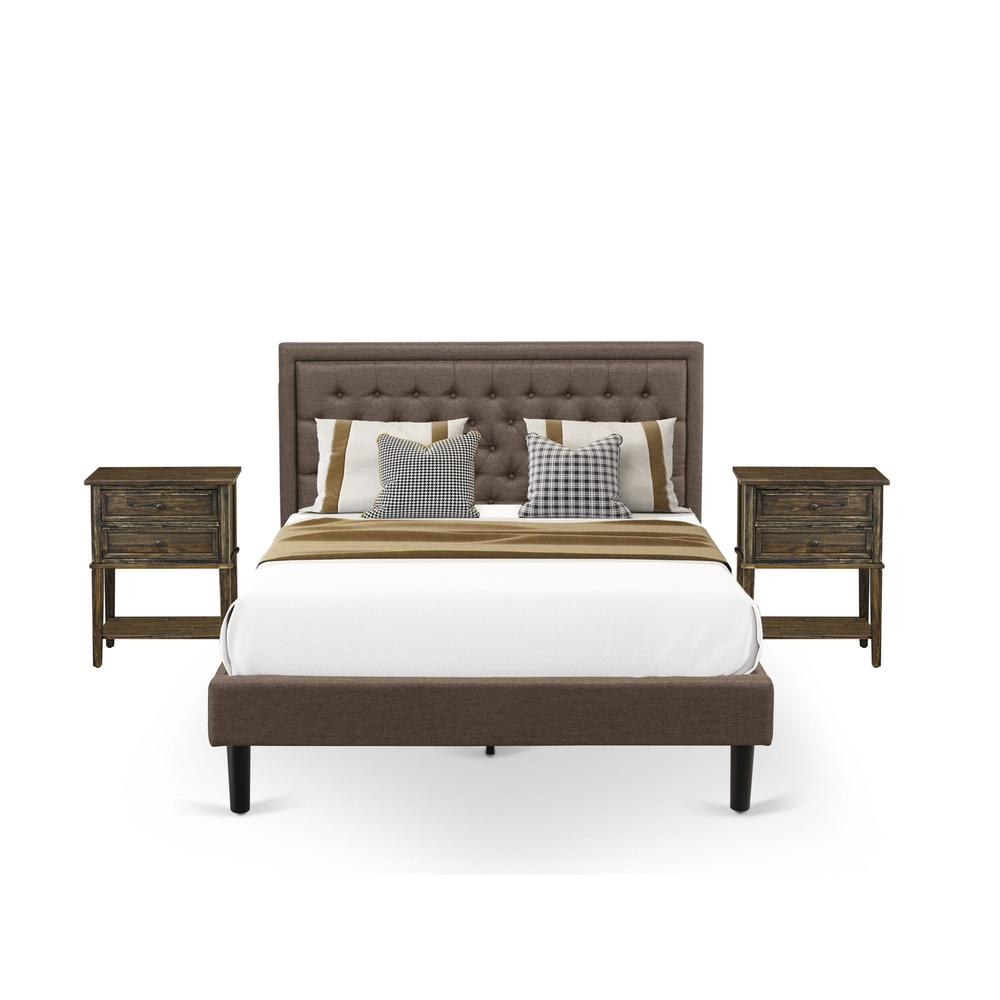 KD18Q-2VL07 3 Piece Queen Size Bed Set - Bed Frame Brown Headboard with 2 Small Nightstand - Black Finish Legs