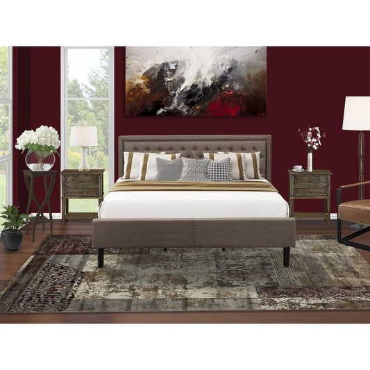 KD18K-2VL07 3 Pc Bed Set - King Size Platform Bed Brown Headboard with 2 Night Stand - Black Finish Legs