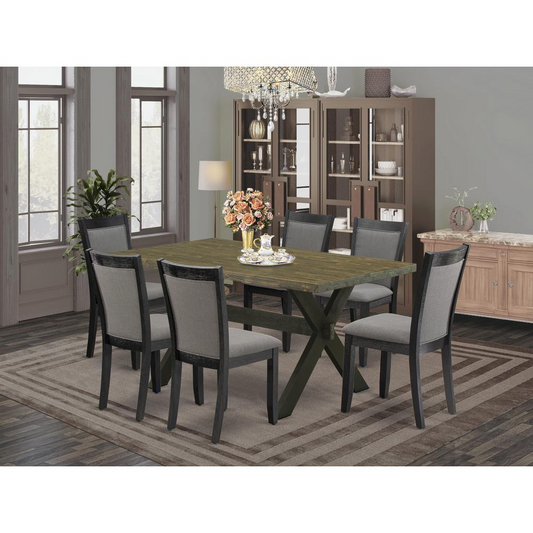 7 Pc Dinette Set - Distressed Jacobean Kitchen Table with 6 Dark Gotham Grey Dining Chairs - Wire Brushed Black Finish