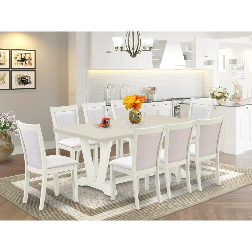 9-Pc Dinette Set Includes a Wooden Table and 8 Cream Linen Fabric Dining Chairs with Stylish Back - Wire Brushed Linen White Finish