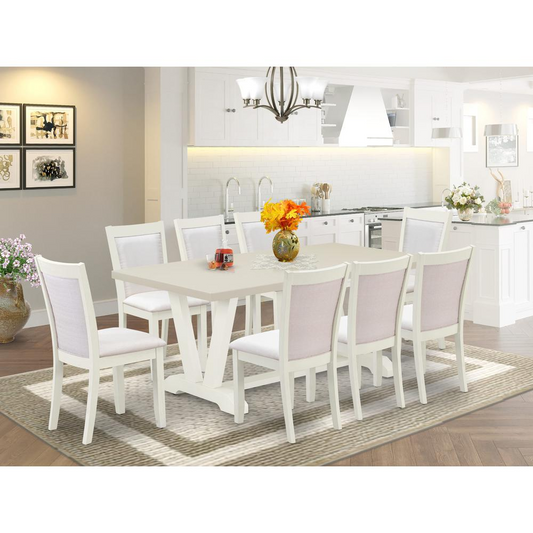 9-Pc Dinette Set Includes a Wooden Table and 8 Cream Linen Fabric Dining Chairs with Stylish Back - Wire Brushed Linen White Finish