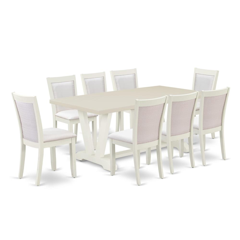 9-Pc Dinette Set Includes a Wooden Table and 8 Cream Linen Fabric Dining Chairs with Stylish Back - Wire Brushed Linen White Finish