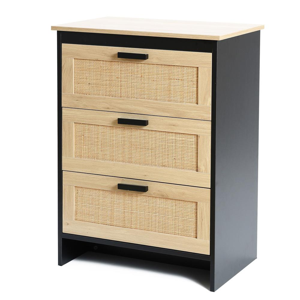 Black and Brown Wood 3-Drawer Rattan Chest