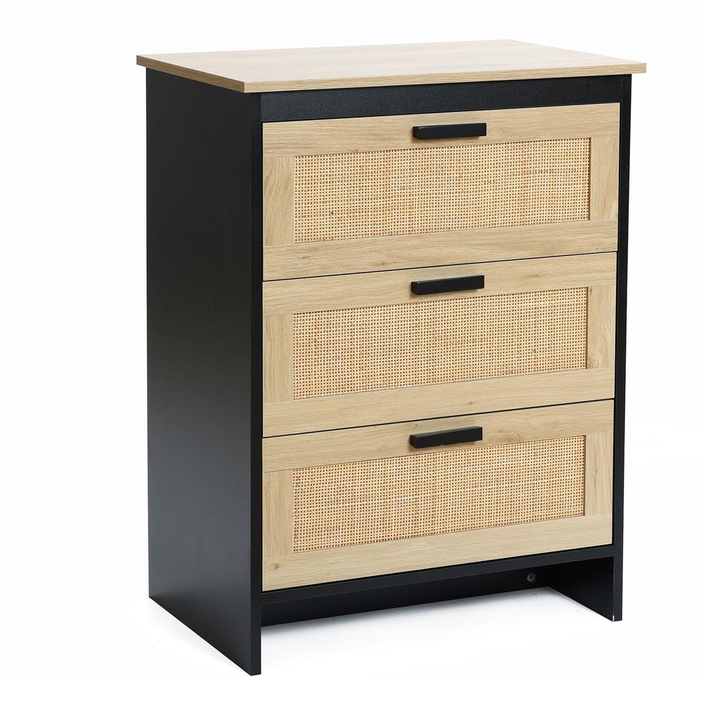 Black and Brown Wood 3-Drawer Rattan Chest