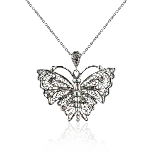 Filigree Art Butterfly Figured Women Silver Pendant Necklace