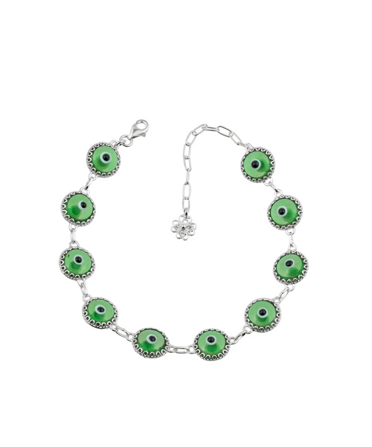 Mint Green Evil Eye Sterling Silver Woman Adjustable Link Bracelet