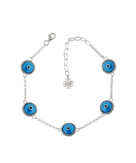 5 Beads Blue Evil Eye Women Silver Link Bracelet