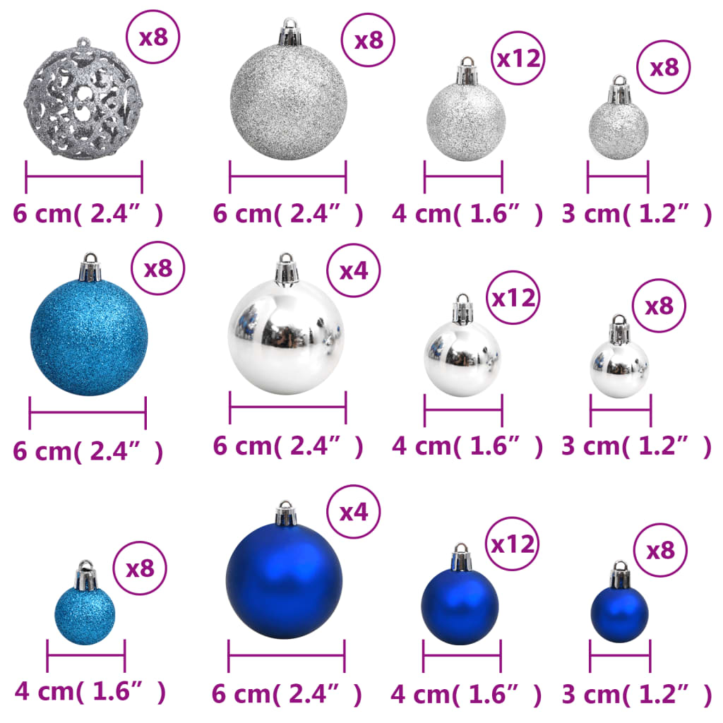 Christmas Baubles 100 pcs Blue and Silver 1.2" / 1.6" / 2.4"