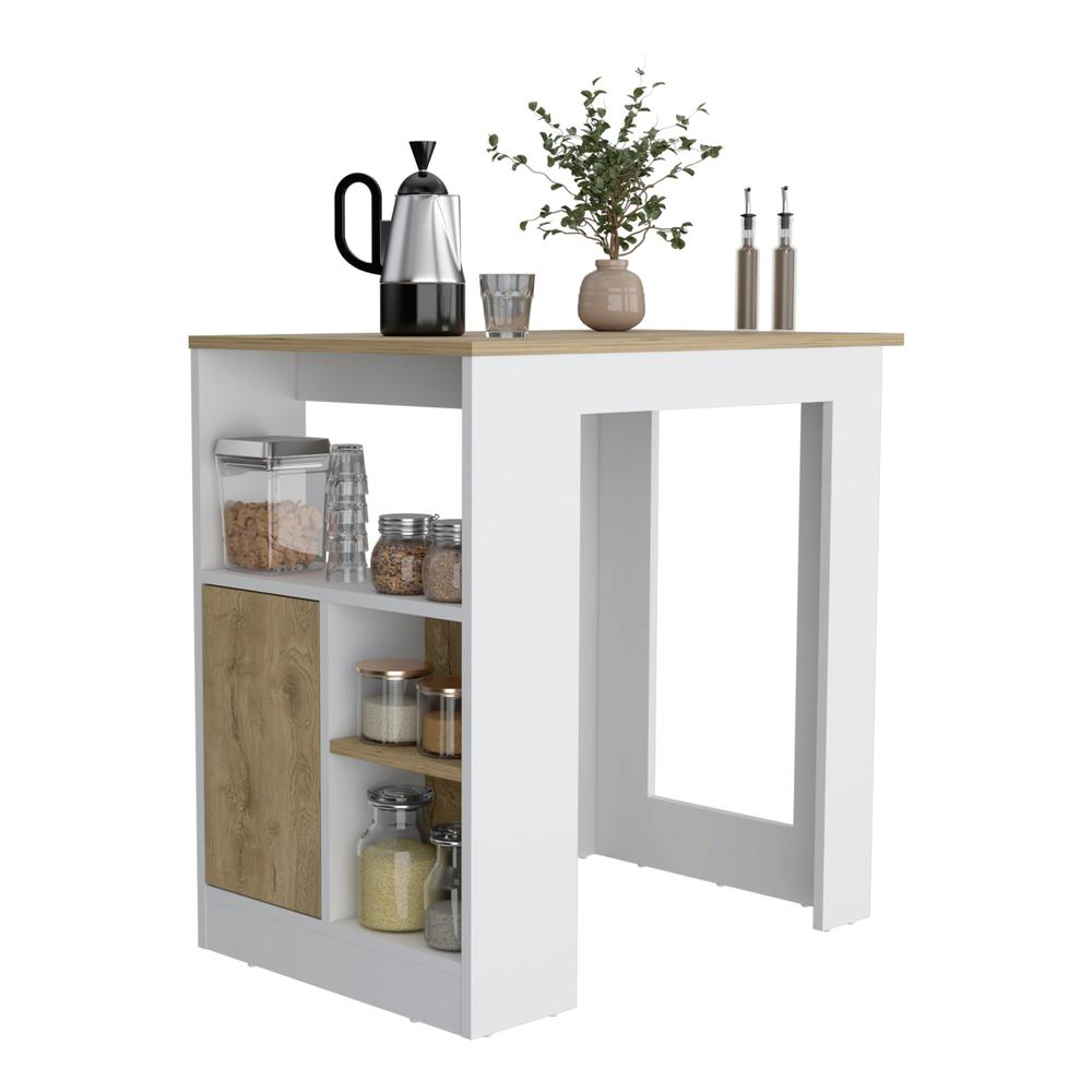 Masset Kitchen Island with Side Shelves and Cabinet, White / Macadamia