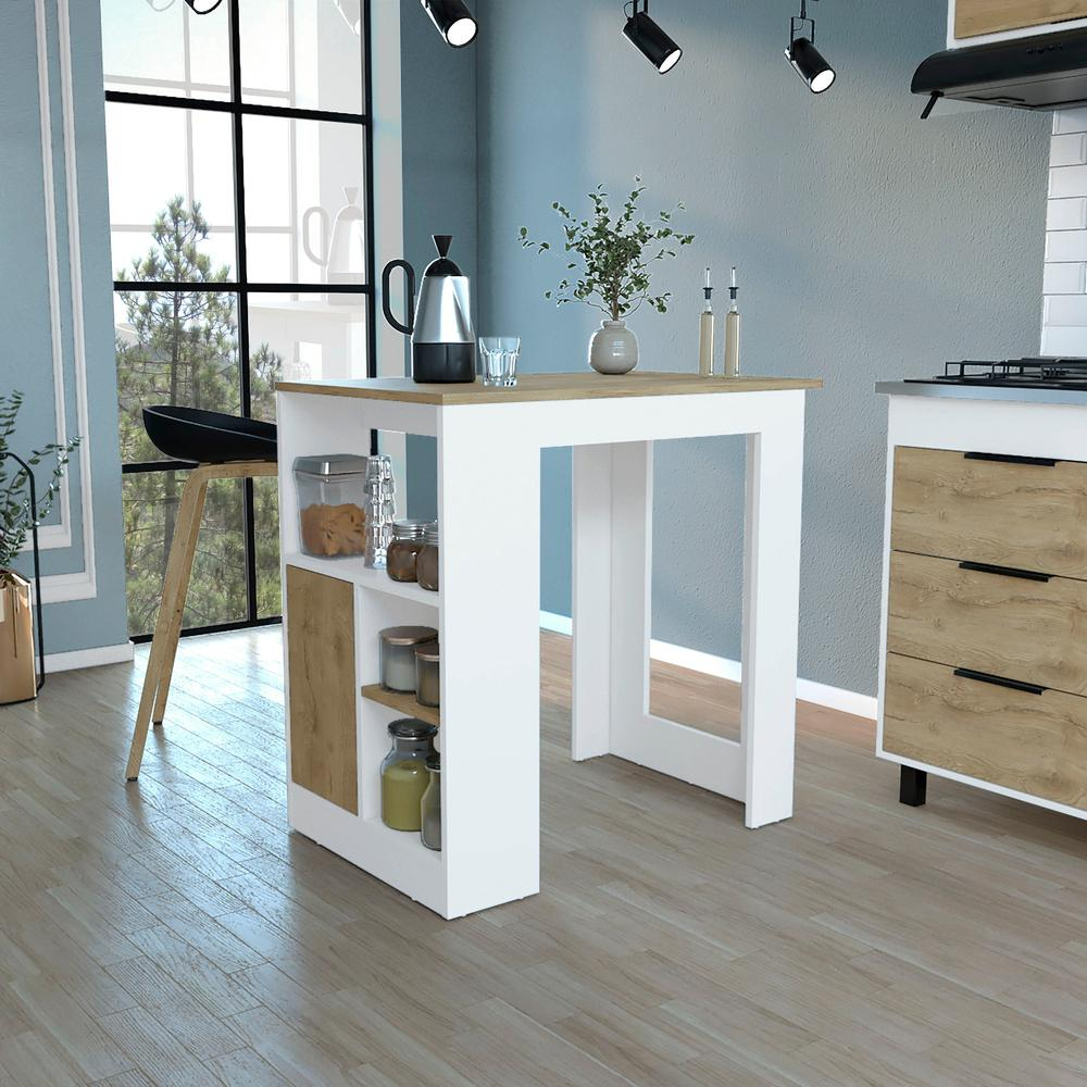 Masset Kitchen Island with Side Shelves and Cabinet, White / Macadamia