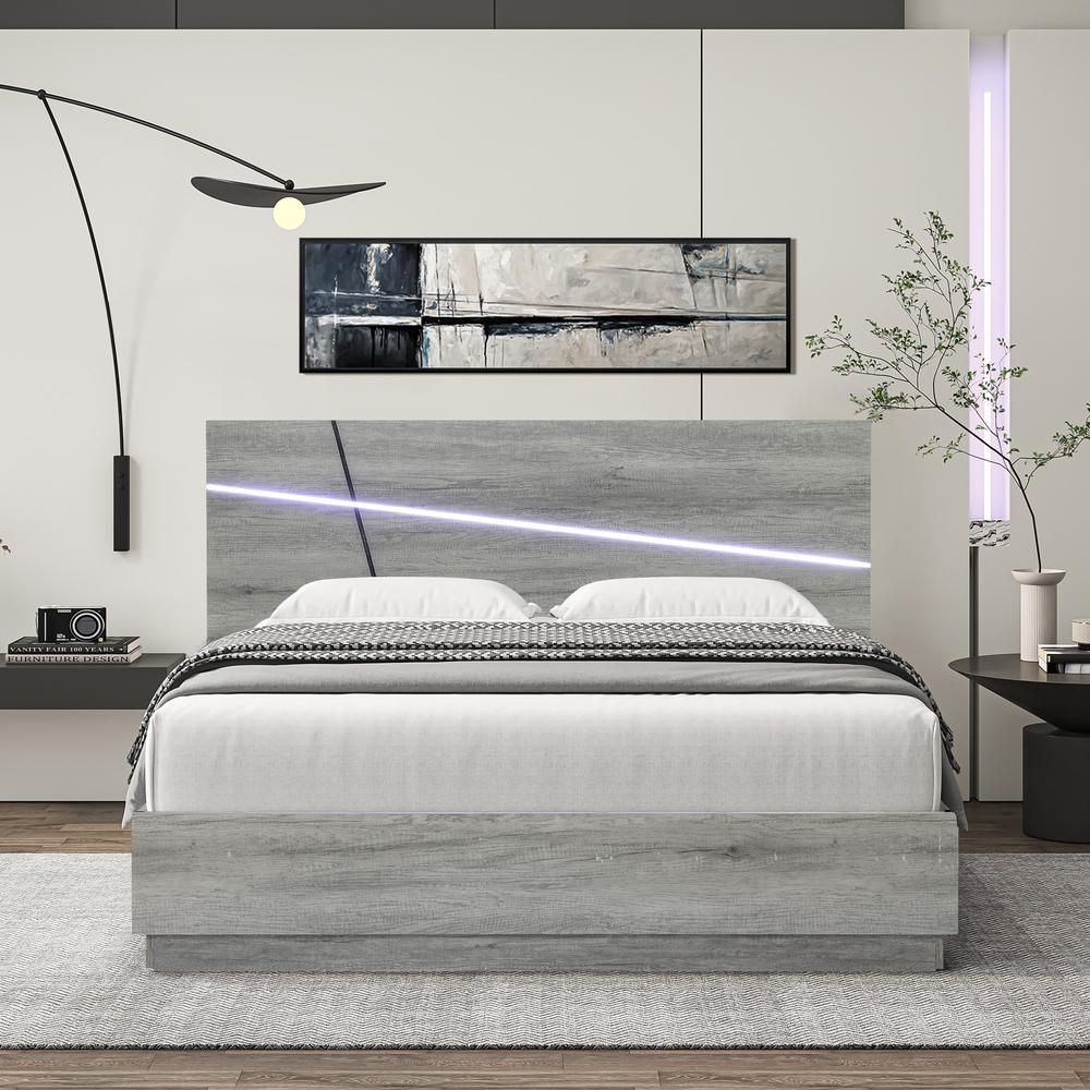 Modern Gray Queen Platform Bed Headboard and Frame Set with Lights