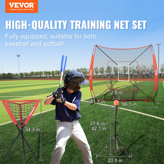 VEVOR 7x7 ft Baseball Softball Practice Net, Portable Baseball Training Net for Hitting Catching Pitching, Backstop Baseball Equipment with Bow Frame, Carry Bag, Strike Zone, Ball, Tee, Ball Collector