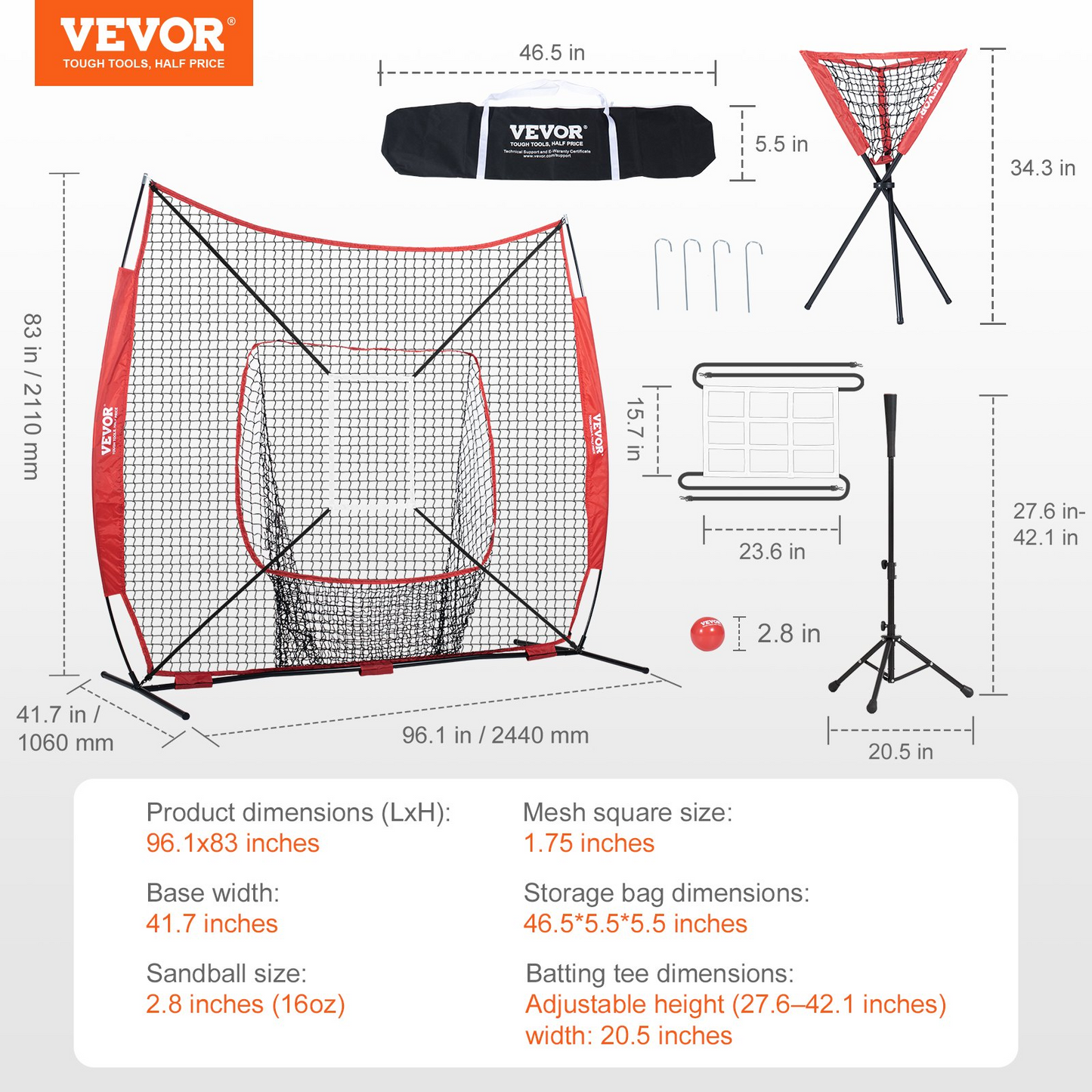 VEVOR 7x7 ft Baseball Softball Practice Net, Portable Baseball Training Net for Hitting Catching Pitching, Backstop Baseball Equipment with Bow Frame, Carry Bag, Strike Zone, Ball, Tee, Ball Collector