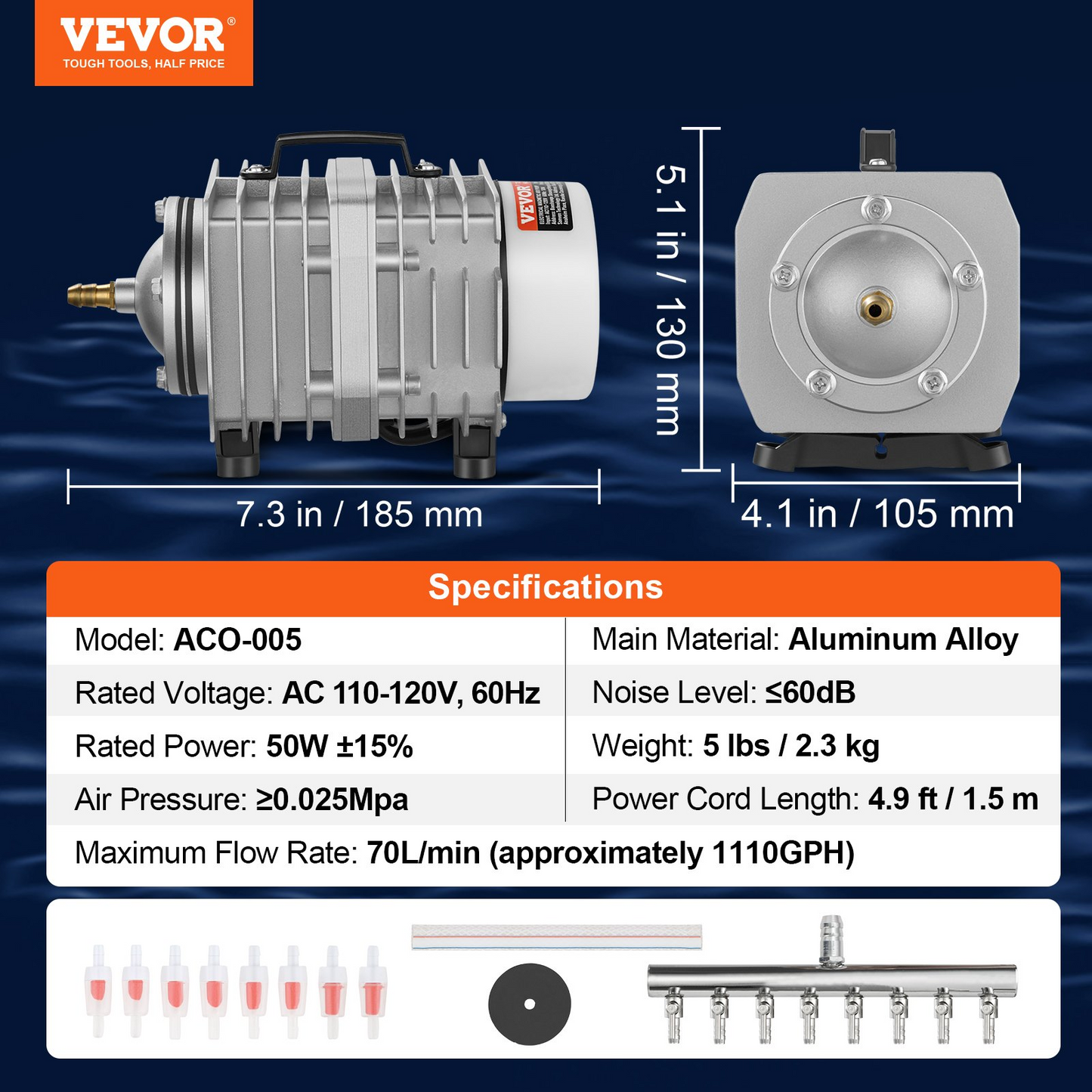 VEVOR Electromagnetic Commercial Air Pump, 50W, 1110 GPH Hydroponic Air Pump with 8-Port Distributor Connecting Hose Check Valves Stainless Steel Diaphragm, for Aquarium, Fish Tank, Pond & Hydroponics