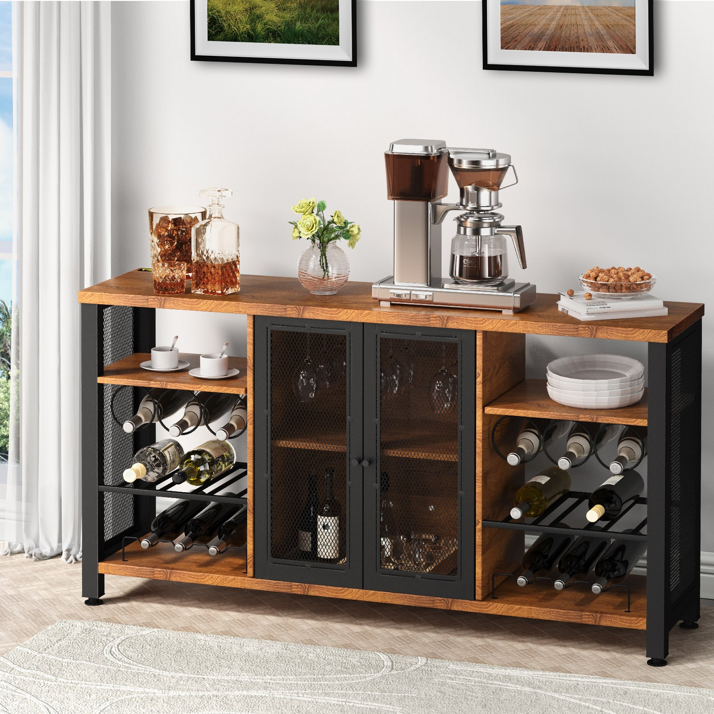 Industrial Bar Cabinet, Wine Table for Liquor with Glass Holder, Wine Rack and Metal Sideboard, Farmhouse Wood Coffee Bar for Living Room, Dining Room (55 Inch, Rustic Oak)