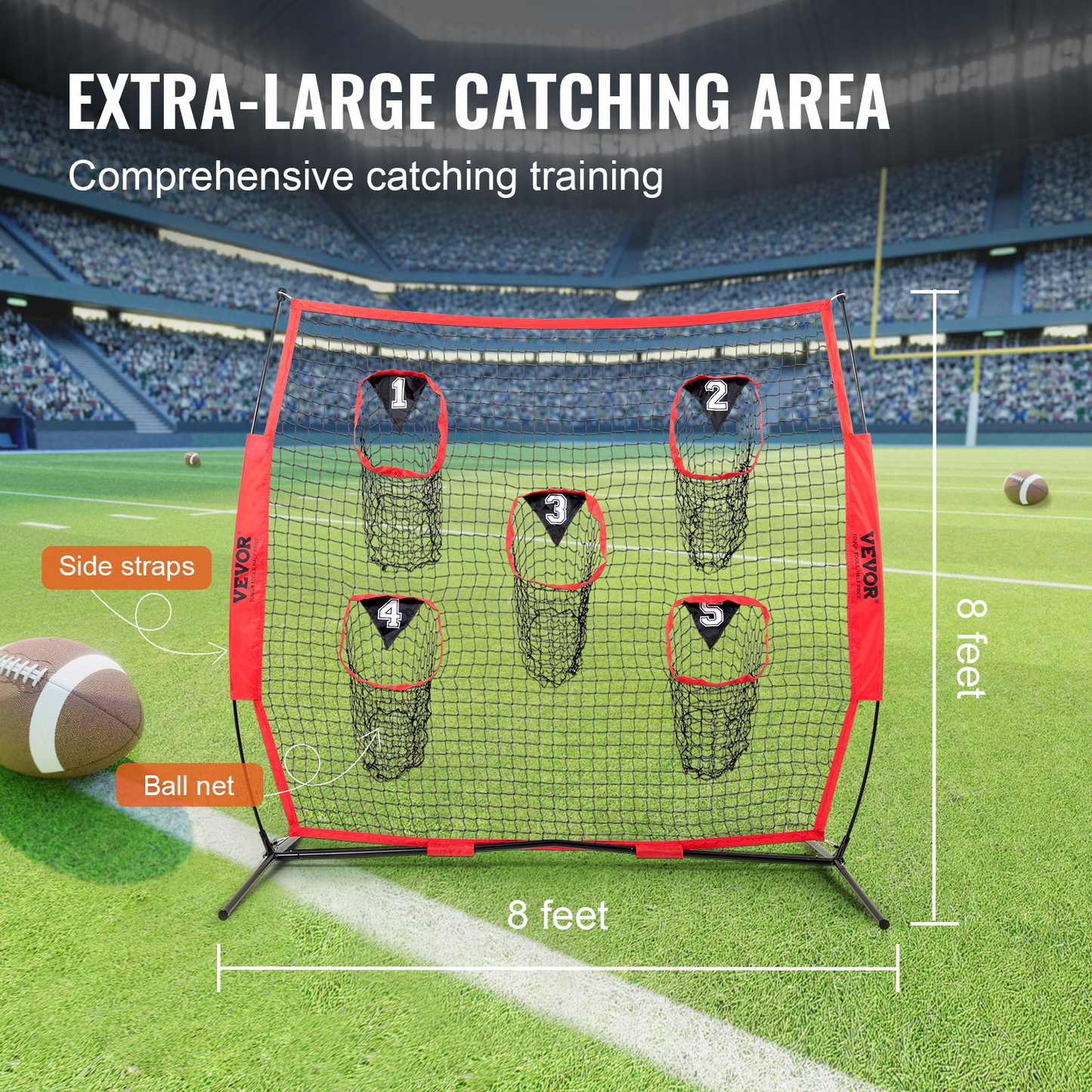 8 x 8 ft Football Trainer Throwing Net, Training Throwing Target Practice Net with 5 Target Pockets, Knotless Net Includes Bow Frame and Portable Carry Case, Improve QB Throwing Accuracy, Red