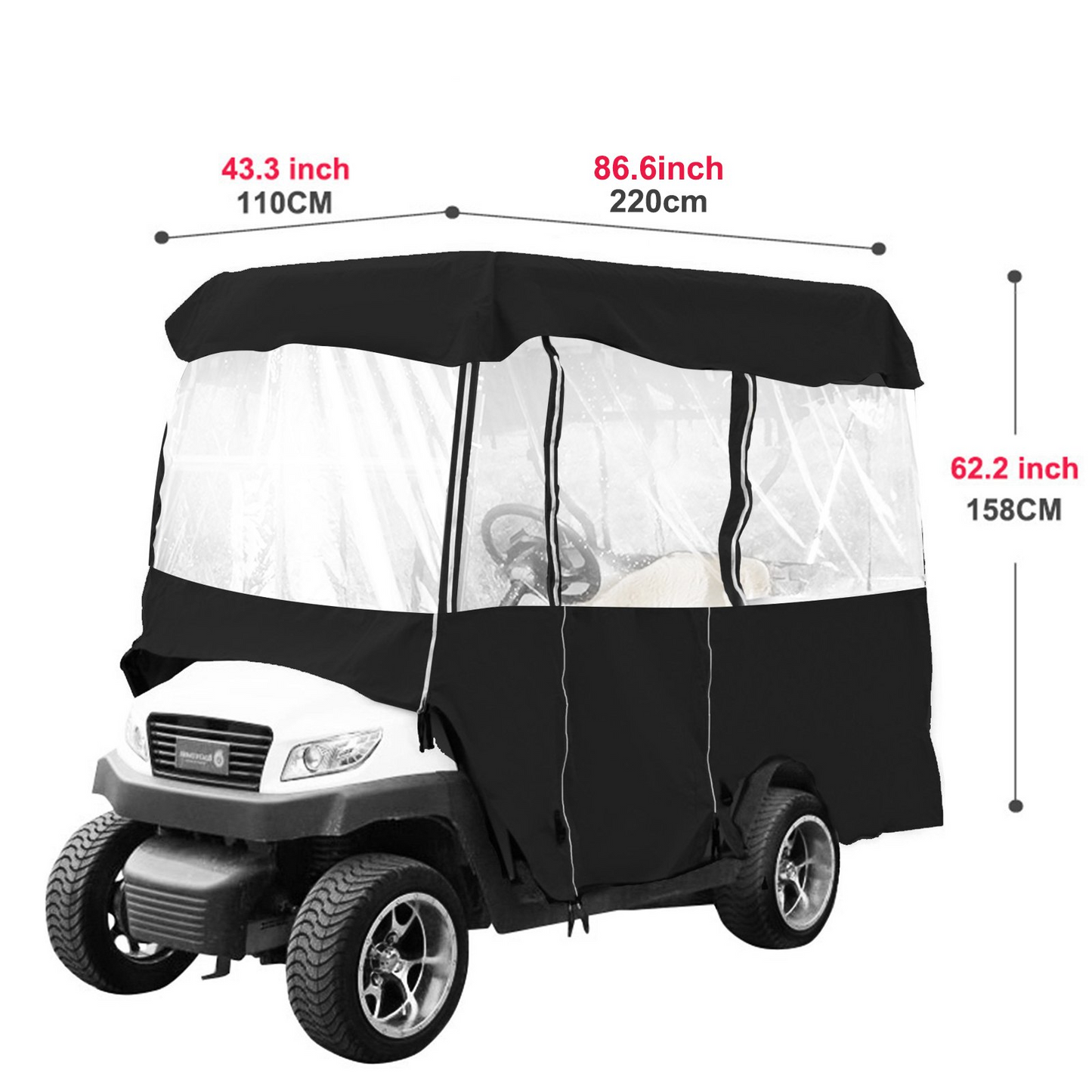 Golf Cart Enclosure 86'', 4-Person Golf Cart Cover, 4-Sided Fairway Deluxe, 300D Waterproof Driving Enclosure with Transparent Windows, Fit for EZGO, Club Car, Yamaha Cart