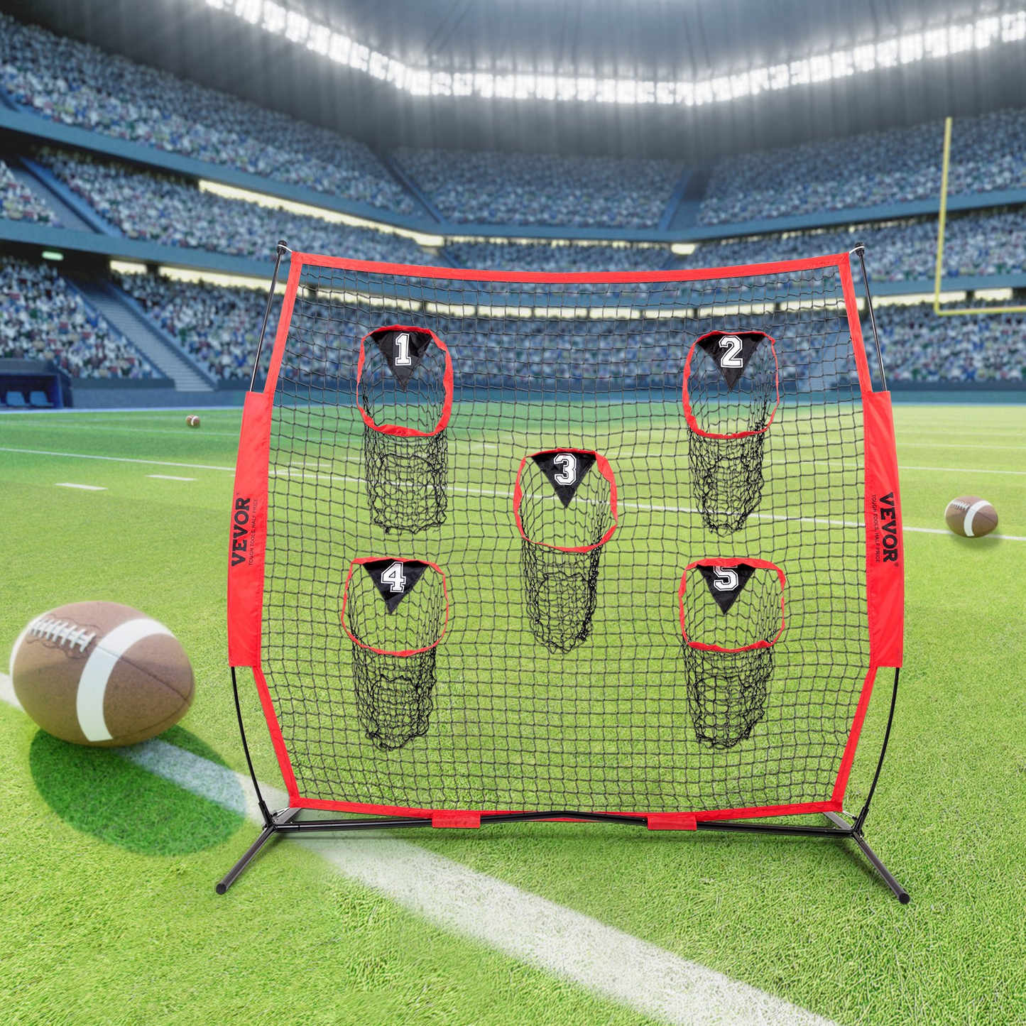 6 x 6 ft Football Trainer Throwing Net, Training Throwing Target Practice Net with 5 Target Pockets, Knotless Net Includes Bow Frame and Portable Carry Case, Improve QB Throwing Accuracy, Red