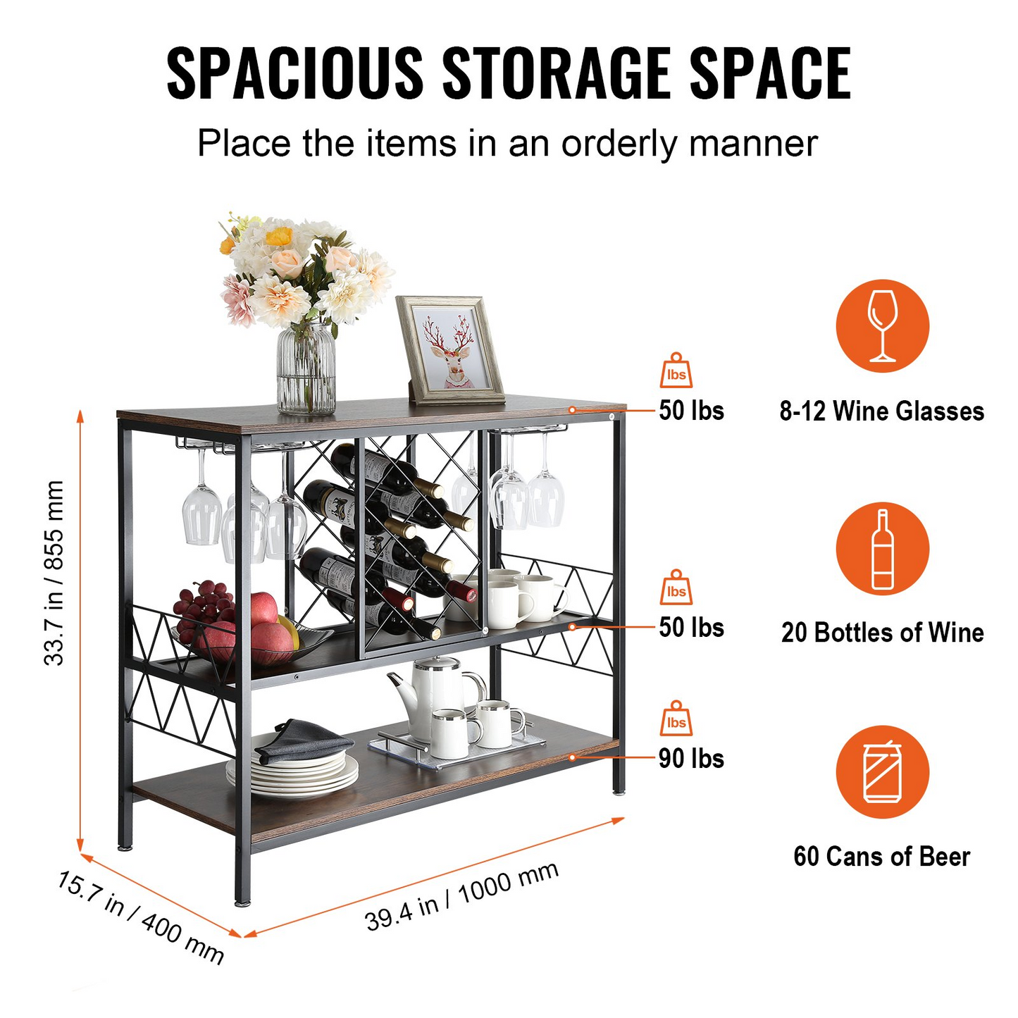 Industrial Bar Cabinet Wine Bar Home Table with Wine Rack & Glass Holder