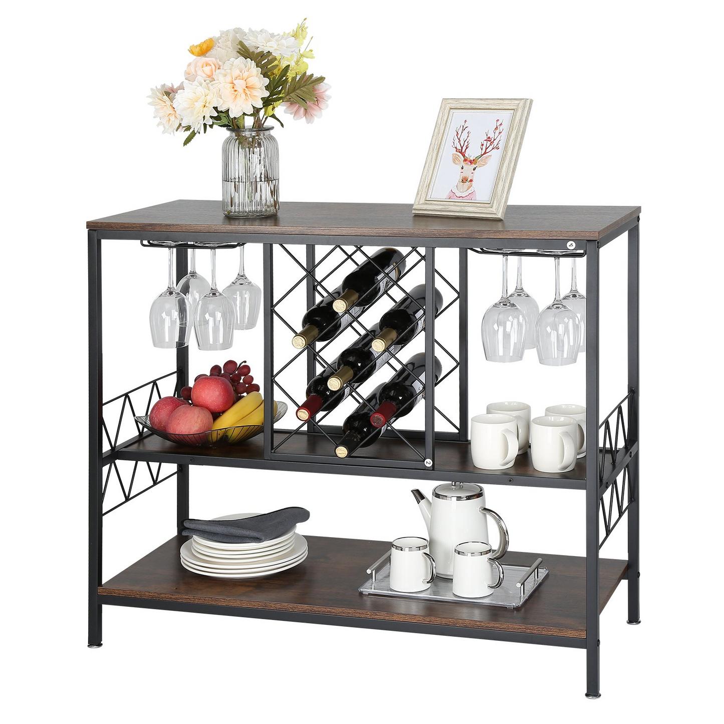 Industrial Bar Cabinet Wine Bar Home Table with Wine Rack & Glass Holder