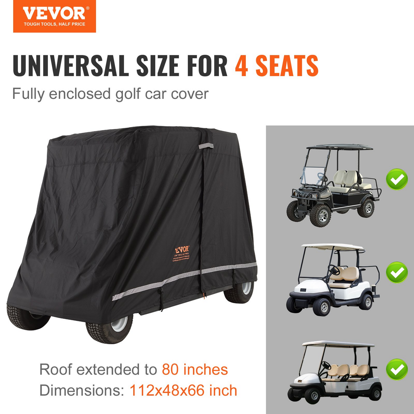 4 Passenger Golf Cart Cover, 600D Polyester Full Cover, Universal Fits for Most Brand Club Car Covers, Waterproof, Sunproof, and Dustproof Outdoor Golf Cart Cover with Three Zipper Doors, Black