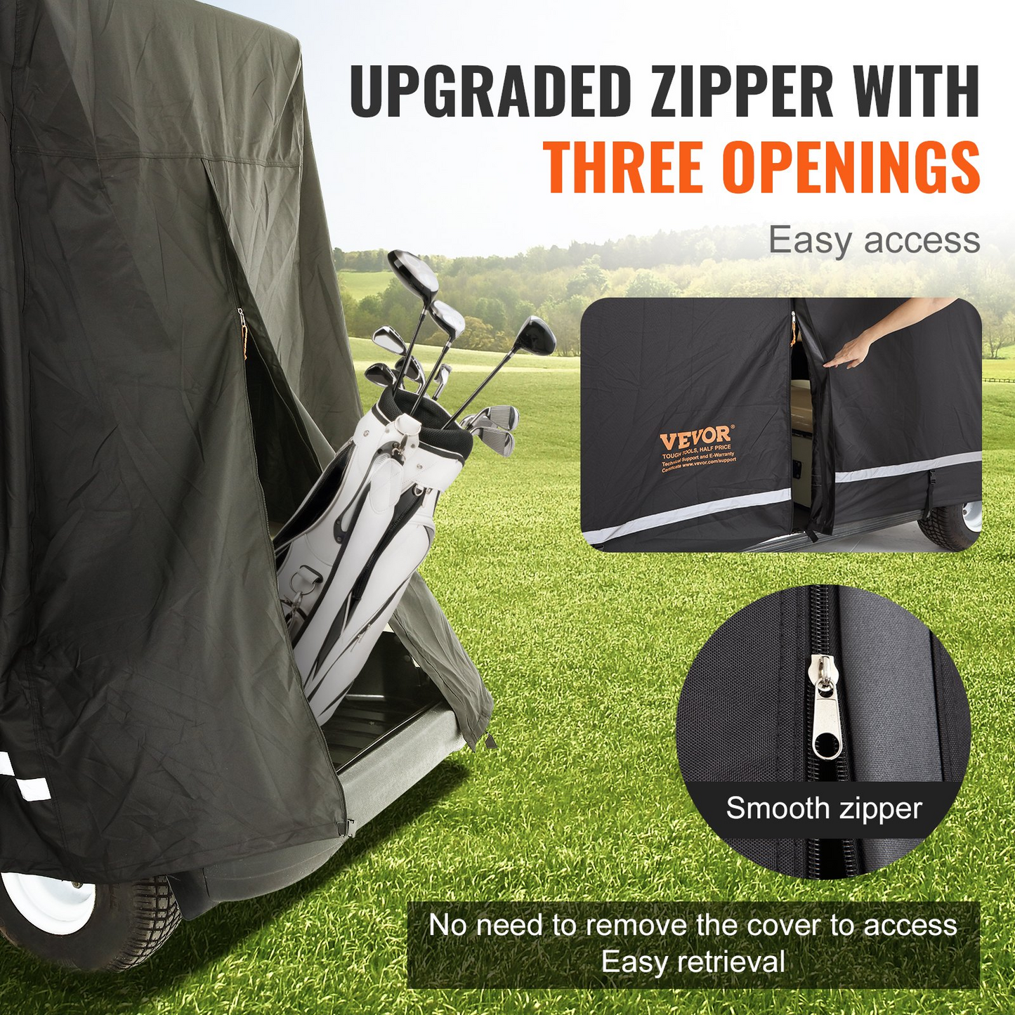 4 Passenger Golf Cart Cover, 600D Polyester Full Cover, Universal Fits for Most Brand Club Car Covers, Waterproof, Sunproof, and Dustproof Outdoor Golf Cart Cover with Three Zipper Doors, Black