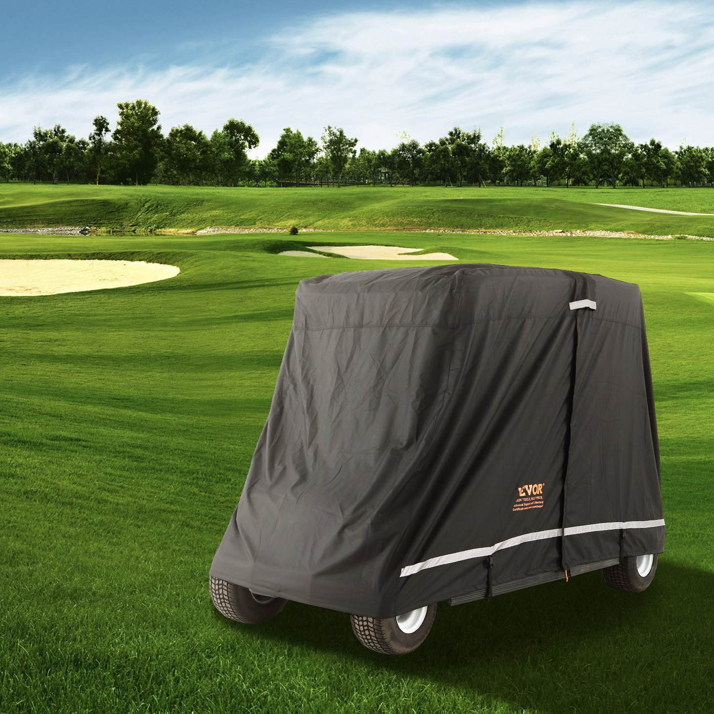 4 Passenger Golf Cart Cover, 600D Polyester Full Cover, Universal Fits for Most Brand Club Car Covers, Waterproof, Sunproof, and Dustproof Outdoor Golf Cart Cover with Three Zipper Doors, Black