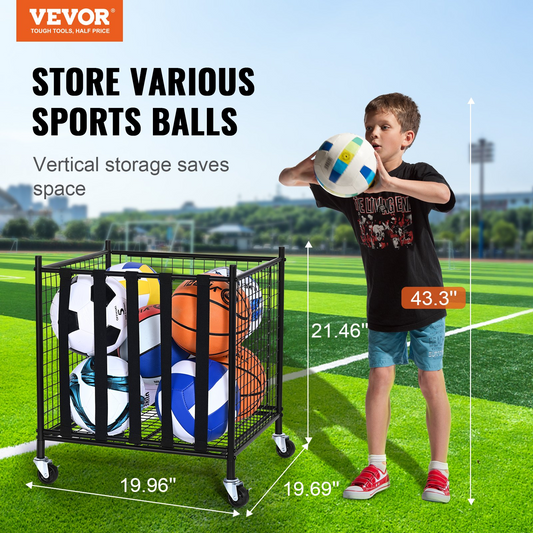 VEVOR Rolling Sports Ball Storage Cart, Lockable Basketball Cage with Elastic Straps, Sport Equipment Holder Organizer for Indoor Outdoor, Steel Storage Rack for Garages, Playgroup, Gym and Schools