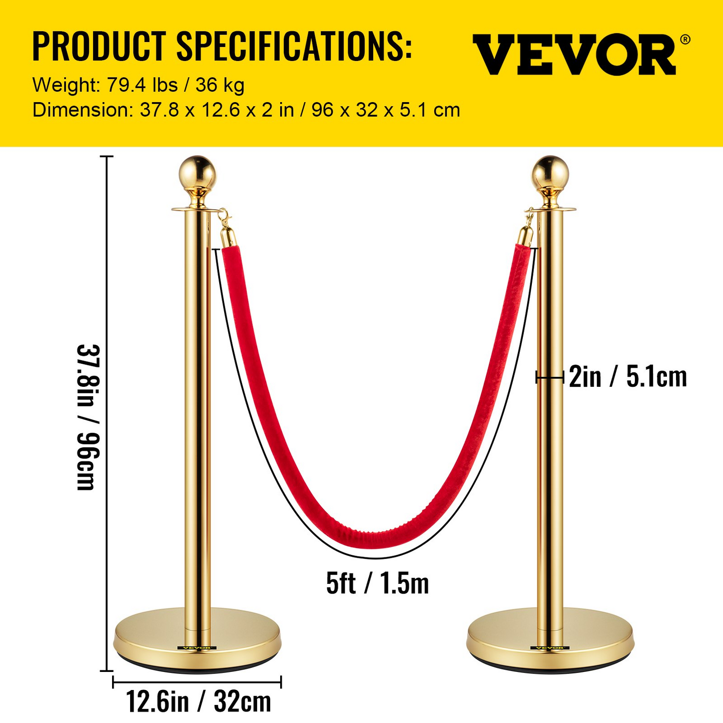 VEVOR Velvet Ropes and Posts, 5 ft/1.5 m Red Rope, Stainless Steel Gold Stanchion with Ball Top, Red Crowd Control Barrier Used for Theaters, Party, Wedding, Exhibition, Ticket Offices Pack Sets (6)