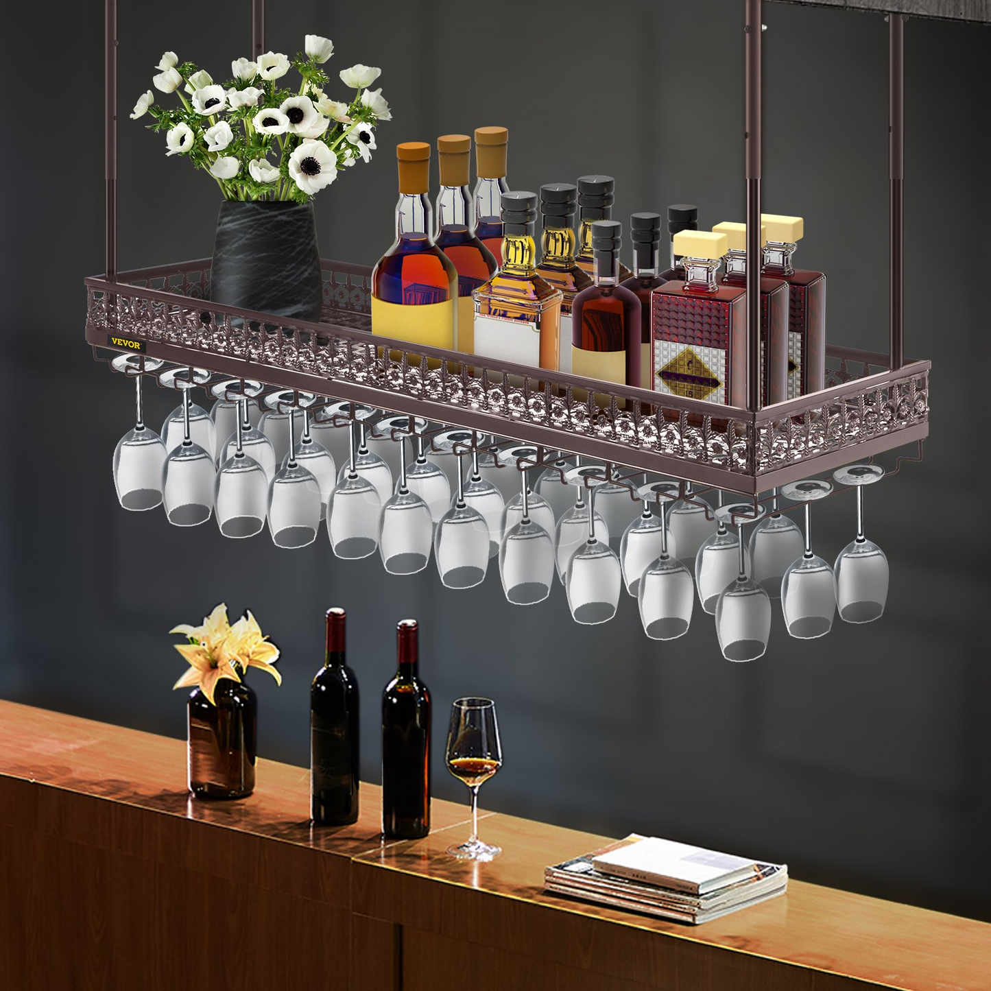 Ceiling Wine Glass Rack, 46.9 x 13 inch Hanging Wine Glass Rack, 18.9-35.8 inch Height Adjustable Hanging Wine Rack Cabinet, Coppery Wall-Mounted Wine Glass Rack Perfect for Bar Cafe Kitchen