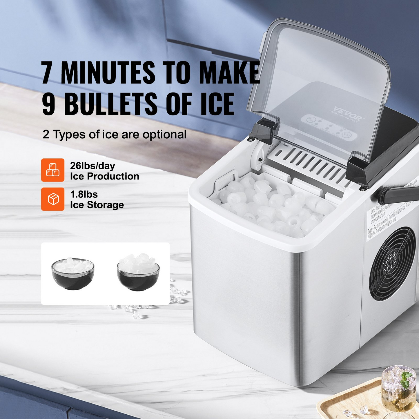 Countertop Ice Maker, 9 Cubes Ready in 7 Mins, 26lbs in 24Hrs, Self-Cleaning Portable Ice Maker with Ice Scoop and Basket, Stainless Steel Ice Machine with 2 Size Bullet Ice for Home Kitchen Bar