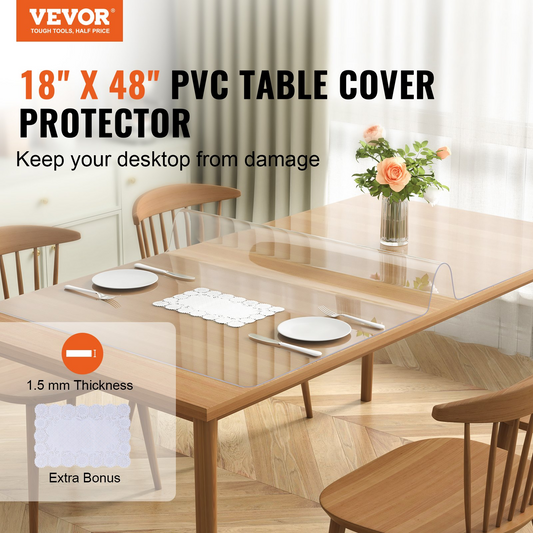 Clear Table Cover Protector, 18" x 48"/ 460 x 1232 mm Table Cover, 1.5 mm Thick PVC Plastic Tablecloth, Waterproof Desktop Protector for Writing Desk, Coffee Table, Dining Room Table