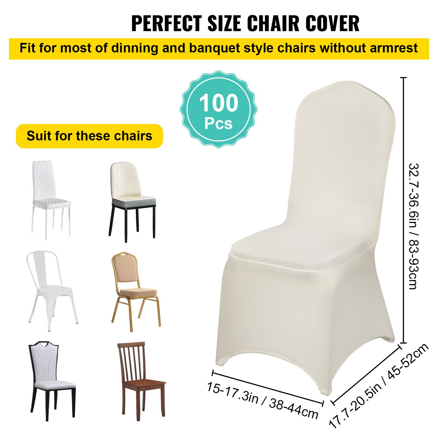 VEVOR 100 PCS Ivory Chair Covers Polyester Spandex Chair Cover Stretch Slipcovers for Wedding Party Dining Banquet Chair Flat-Front Covers