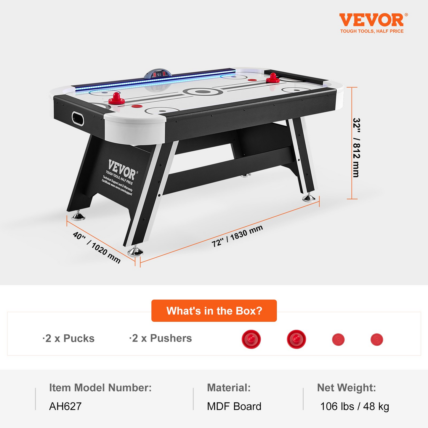 VEVOR Air-Powered Hockey Table, 72" Indoor Hockey Table for Kids and Adults, LED Sports Hockey Game with 2 Pucks, 2 Pushers, and Electronic Score System, Arcade Gaming Set for Game Room Family Home