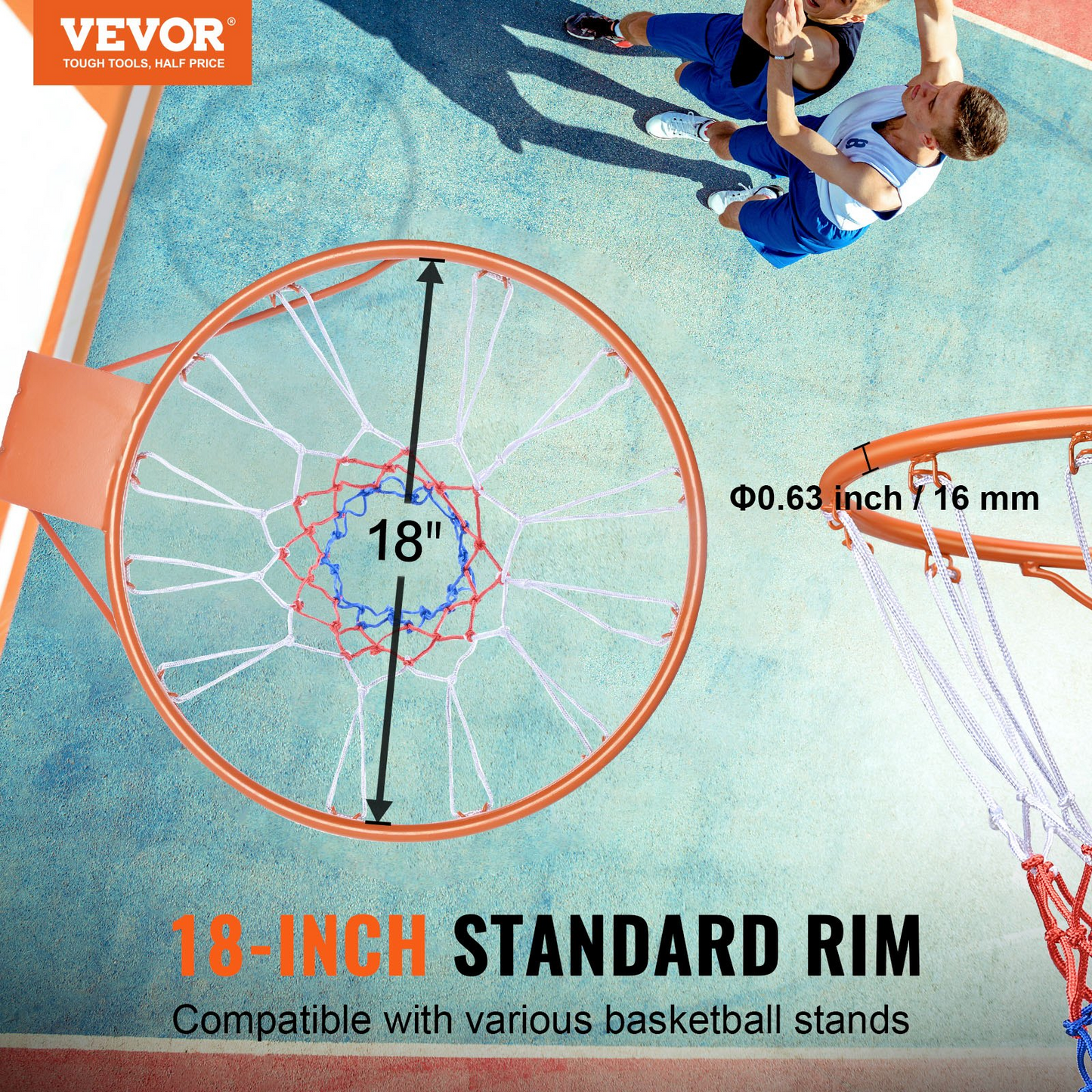 VEVOR Basketball Rim, Wall Door Mounted Basketball Hoop, Heavy Duty Q235 Basketball Flex Rim Goal Replacement with Net, Standard 18" Indoor and Outdoor Hanging Basketball Hoop for Kids Adults