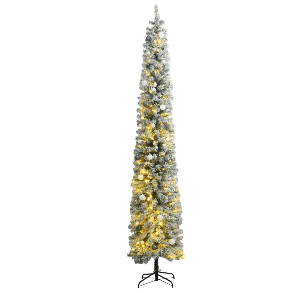 Slim Christmas Tree 300 LEDs & Ball Set & Flocked Snow 118.1"